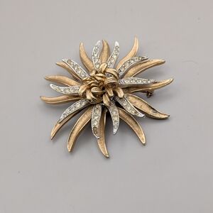 Vintage Coro Signed Floral Brooch Large Chrysanthemum Flower Rhinestone
